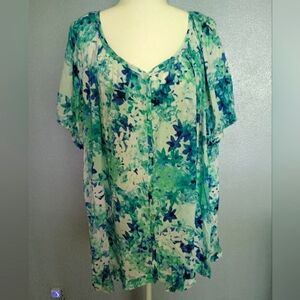 Jaclyn Smith Collection Blue Floral Shirt Sleeve Blouse Top